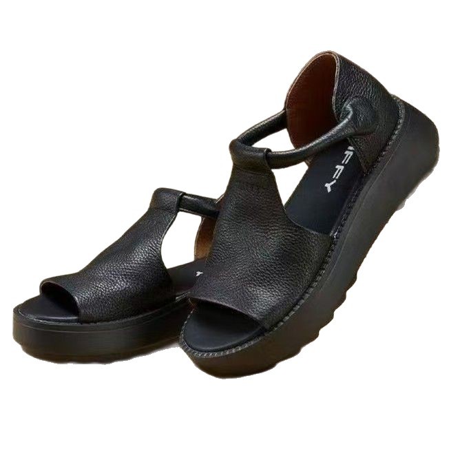 Sandalias para mujeres verano 2026 nuevo estilo retro de fondo grueso de cuero suave romanas sandalias de boca de pez para mujeres sandalias de fondo grueso