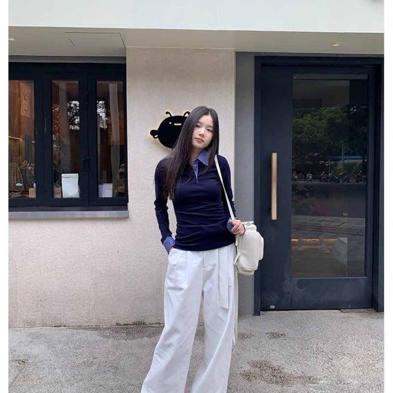 美式辣妹复古格子假两件正肩长袖t恤女修身polo领内搭打底衫上衣|undefined