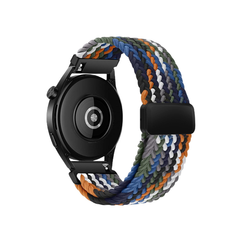 Correa de reloj deportiva trenzada de nailon con hebilla magnética de cuatro puntos y anilla metálica, compatible con las series Huawei, Samsung y Garmin.