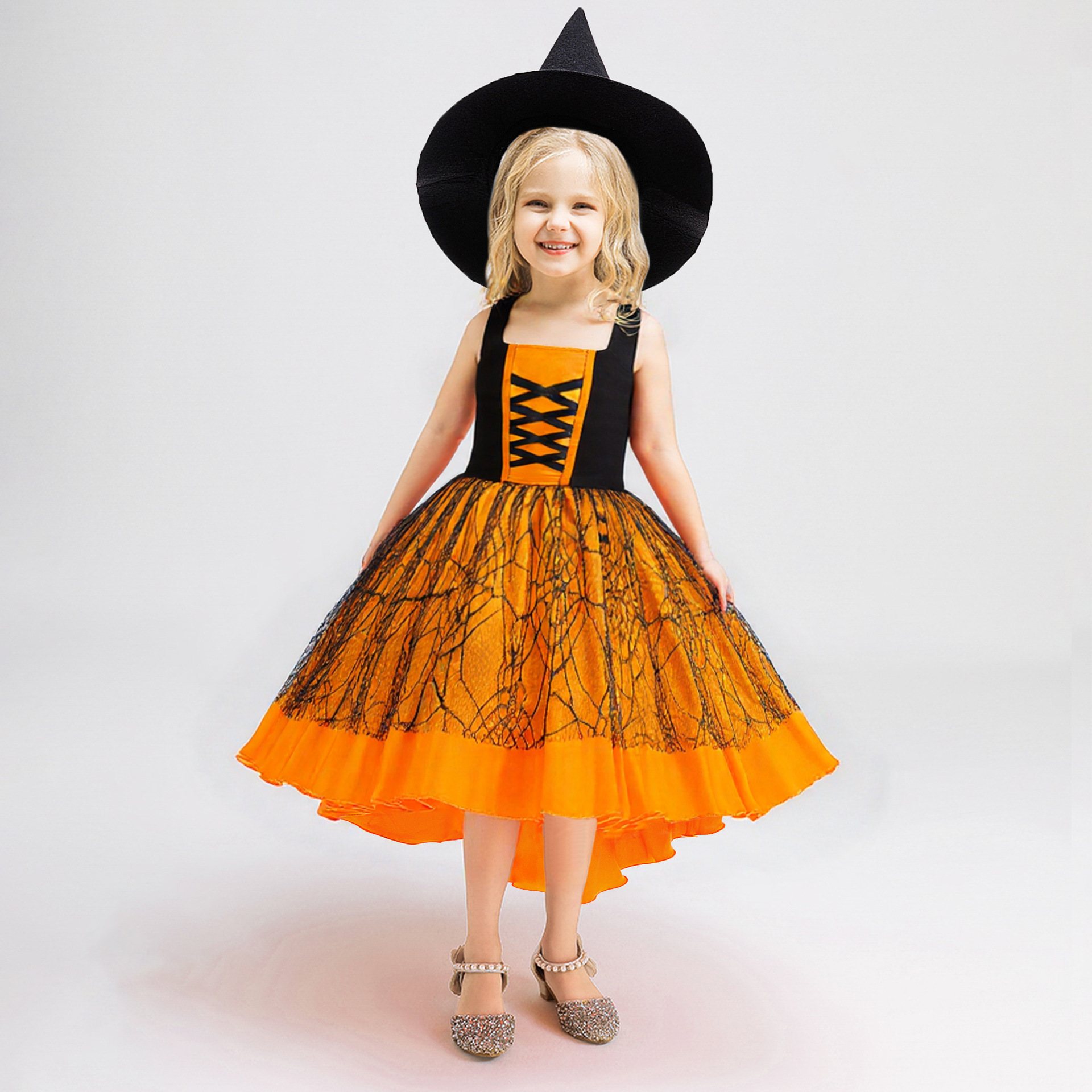 Halloween trajes de niños naranja bruja cosplay rol de bruja cola de golondrina calabaza ping-pong vestido