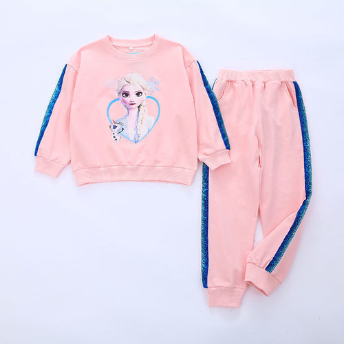 Frozen  Spring and Autumn Girls Suit Sports Korean Version Princess Elsa Print Contrast Color Pullover Sweatshirt Trousers