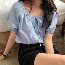 蓝色短袖衬衫女夏季新款韩系温柔设计感小众压褶花边拼接衬衣批发