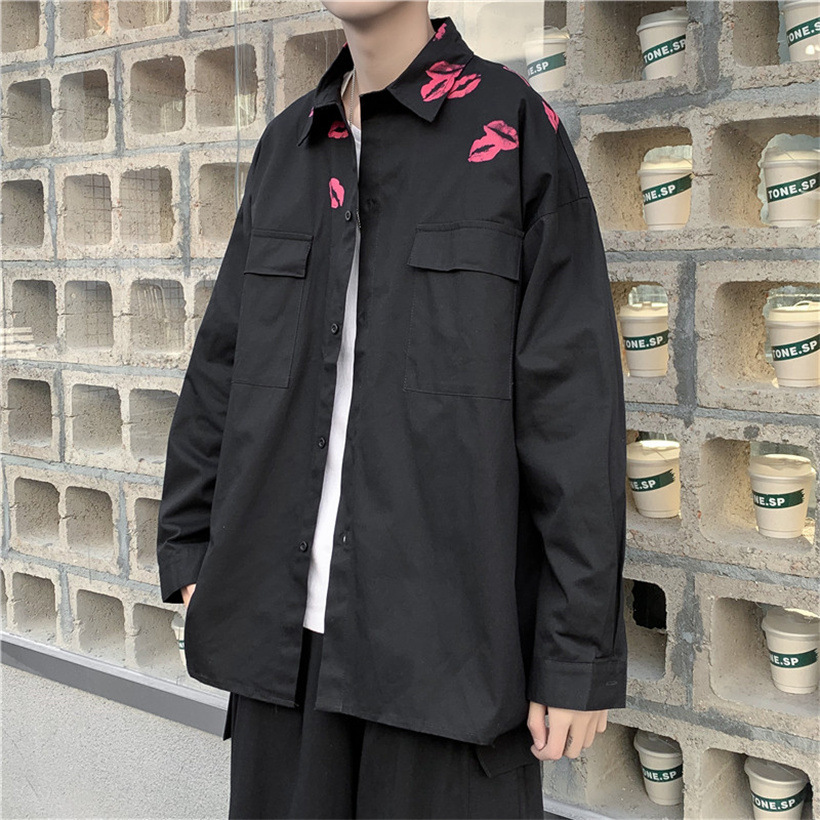 Lápiz labial impreso cityboy camisa blanca diseño de los hombres sentido nicho pareja abrigo marca de moda ins camisa chic interior