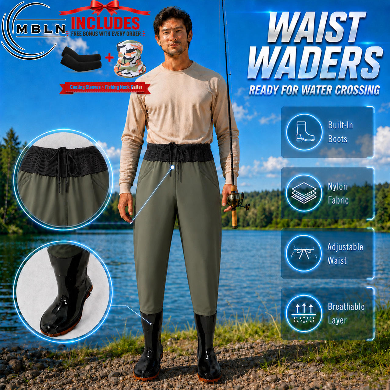 High-Waisted Wading Pants with Rain Boots, Paired with Ice Sleeves and a Neck Gaiter Set, All-In-One Fishing Pants