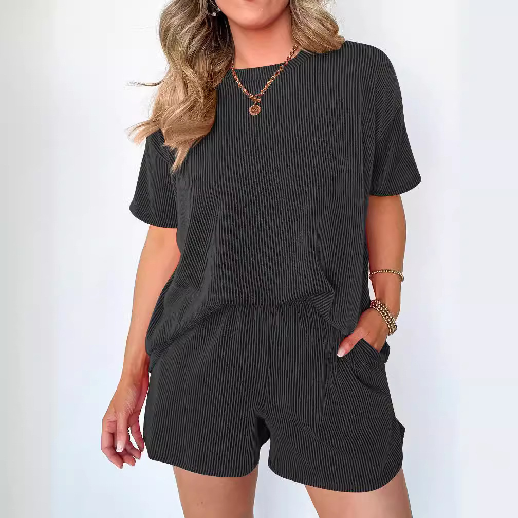 Women's Fashion 2024 Independent Store Short-Sleeve Wave Pattern Round Neck Top And Elastic Waist Shorts_voghion.com