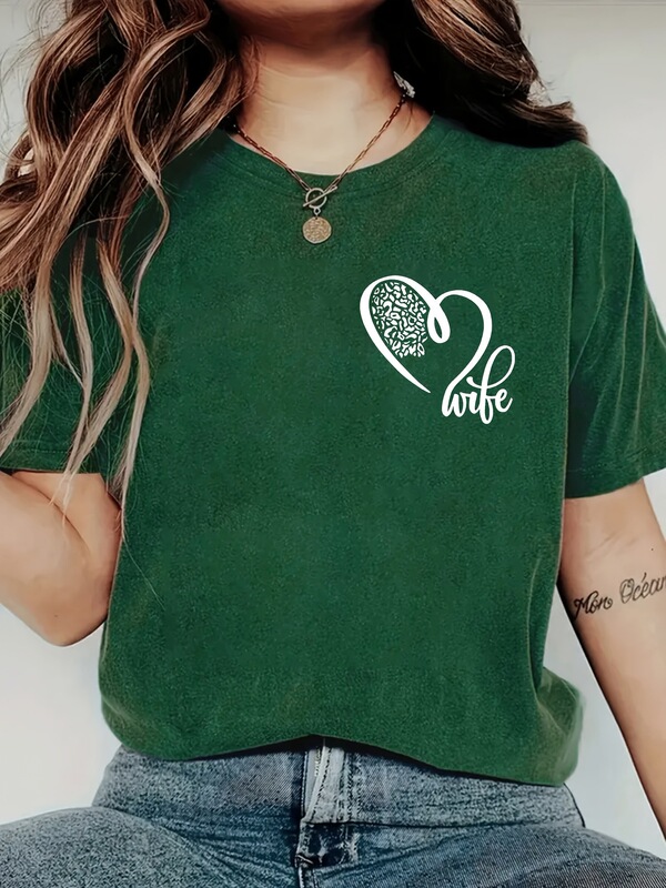 Heart Letter Slogan Graphic Print on Front and Back, Fashionable Casual Short-Sleeve Summer Fitted Round-Neck Women's T-Shirt