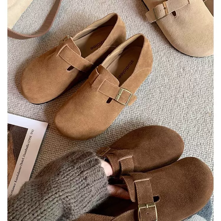 葡萄ma2025秋冬新款真皮一脚蹬全包扣带单鞋懒人大头勃肯女鞋单鞋