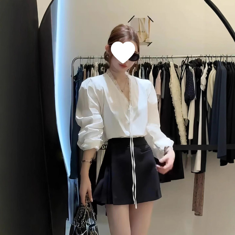 韩系风格早秋穿搭一整套女蕾丝花边V领系带长袖衬衫半身裙两件套|undefined