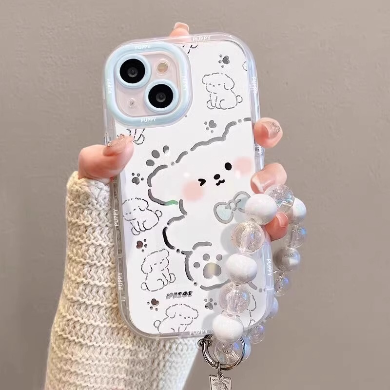 Bow-Tie Puppy Phone Case for Apple 17 Pro Max with Bracelet, 15 Pro Cartoon Cream Mirror Surface, 14/13 Bow-Tie Puppy Phone Case for Apple 17 Pro Max with Bracelet, 15 Pro Cartoon Cream Mirror Surface, 14/13