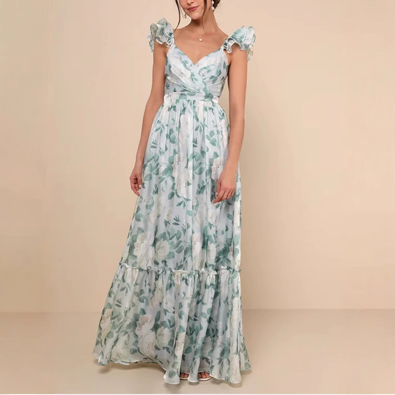 Women's Sexy Printed Deep V Ruffle Backless Top European American Style Summer Fashion Suspender Design_ecoleips.com