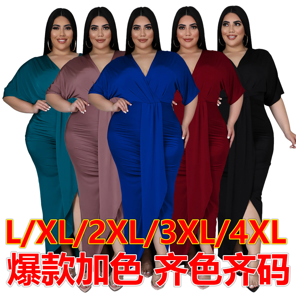 2022 primavera europea y americana nueva moda más el tamaño de las mujeres de comercio exterior sexy discoteca irregular split vestido con cuello en V