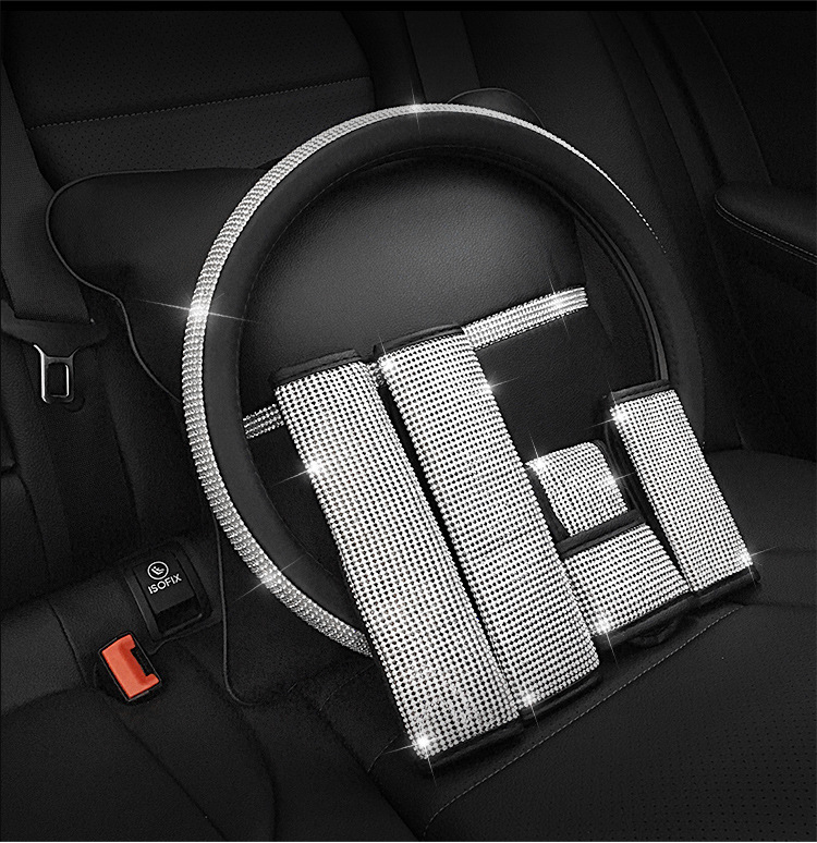 Car Interior Accessories Small Set with Rhinestones, Handbrake Cover, Gear Shift Cover, Seatbelt Shoulder Pad Decoration, Suitable for All Seasons, Summer, Women