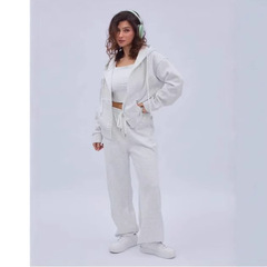 ファッショナブルでカジュアルな女性用ジッパースタンドカラースウェットシャツワイドレッグパンツスウェットパンツスーツスウェットシャツとスウェットパンツスーツ