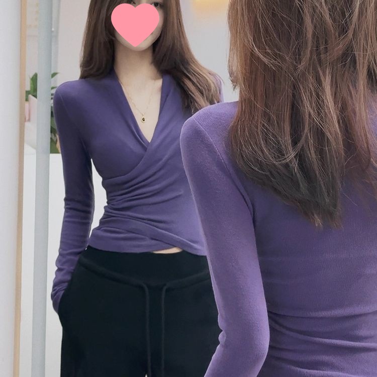 Women's Spring and Autumn Design with Velvet Collar Cross Bottoming Shirt, Slim Waist, Pure Desire Tight Long-Sleeved Shirt Top