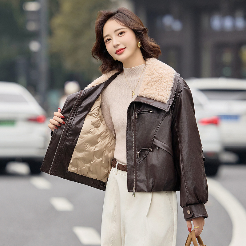 Large Fur Collar down Lining Leather Jacket down Jacket 2025 Autumn and Winter New White Duck down Pu Leather Jacket E996