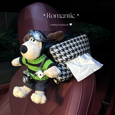 Dog Car Tissue Box Cartoon: Car tissue box/set - green-sweater-black-houndstooth-tissue-bag