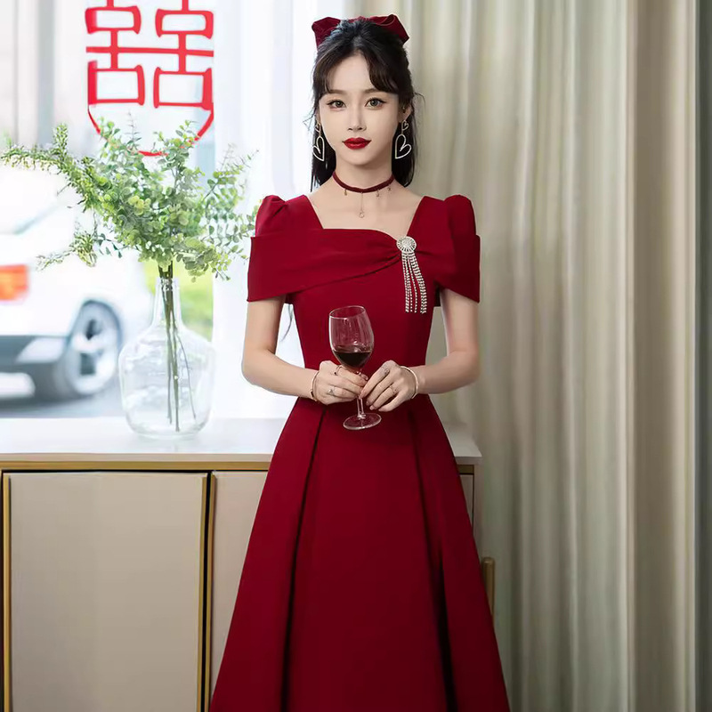 2024 Summer Wedding Toast Dress Bride Engagement Wine Red Dress French High-end Evening Dress Usual Wear