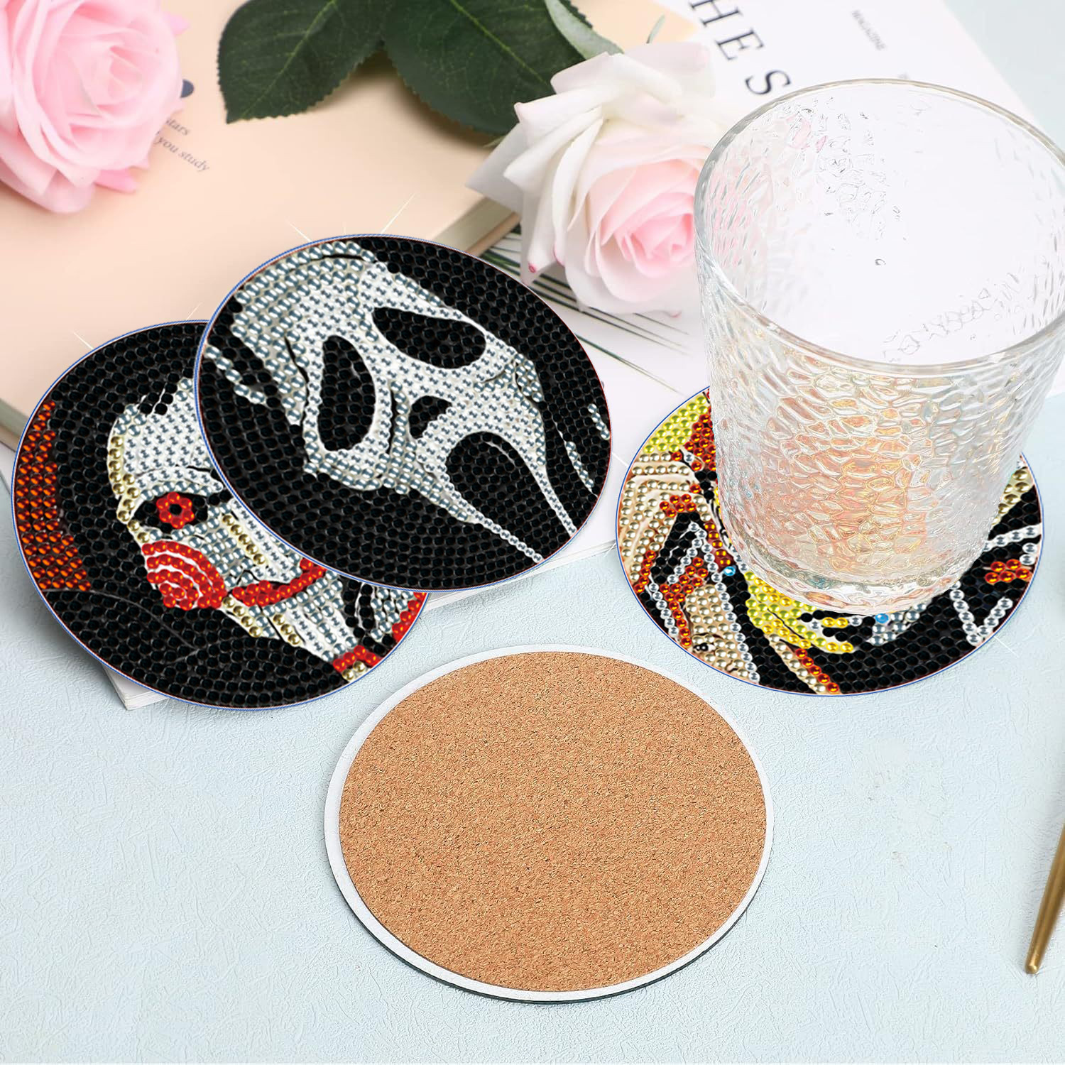 Nuevo posavasos de pintura de diamante transfronterizo DIY, almohadilla aislante térmica, posavasos de pintura de diamante acrílico 5D hecho a mano con diamantes completos para Halloween