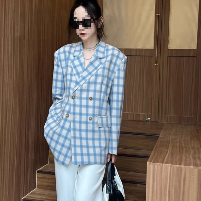 春秋洋气感炸街蓝白格子复古感宽松休闲西装外套女