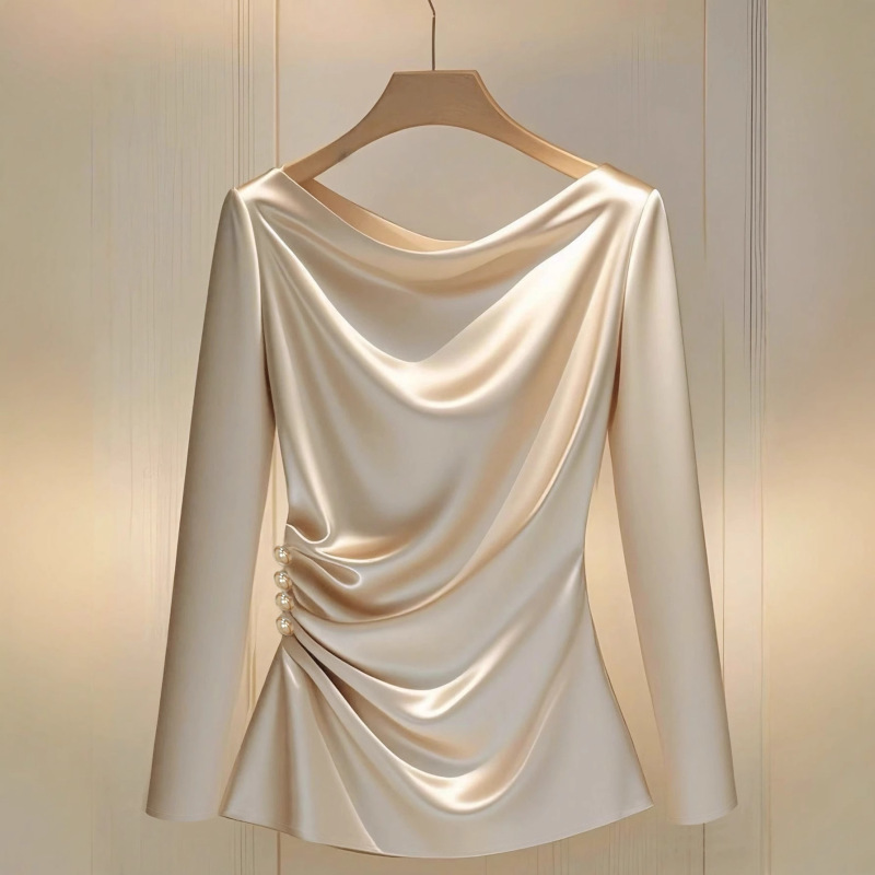 Cross-Border Foreign Trade Women's Glossy Satin Round Neck Pullover Pleated Waist Slimming Long-Sleeved Top Shirt Cross-Border Foreign Trade Women's Glossy Satin Round Neck Pullover Pleated Waist Slimming Long-Sleeved Top Shirt