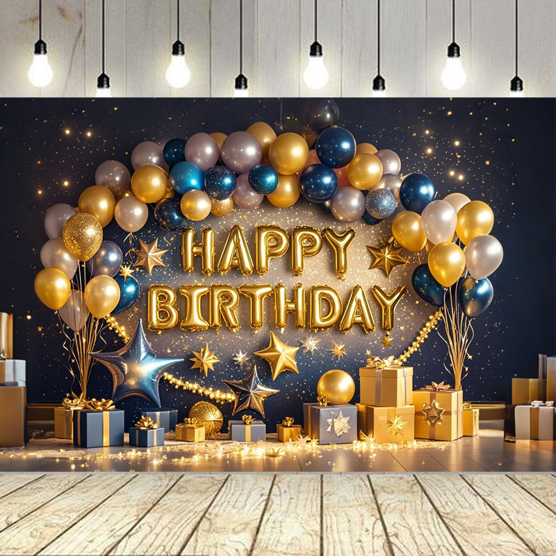 クロスボーダーブルーゴールドハッピーバースデー背景布ブルーゴールドカラーフラグバルーン誕生日パーティーの装飾吊り旗吊り布|undefined