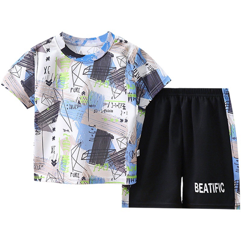 Traje de verano para niños 2024 nueva ropa de secado rápido, ropa deportiva, camiseta de camuflaje para hombres y bebés, ropa para niños de dos piezas al por mayor