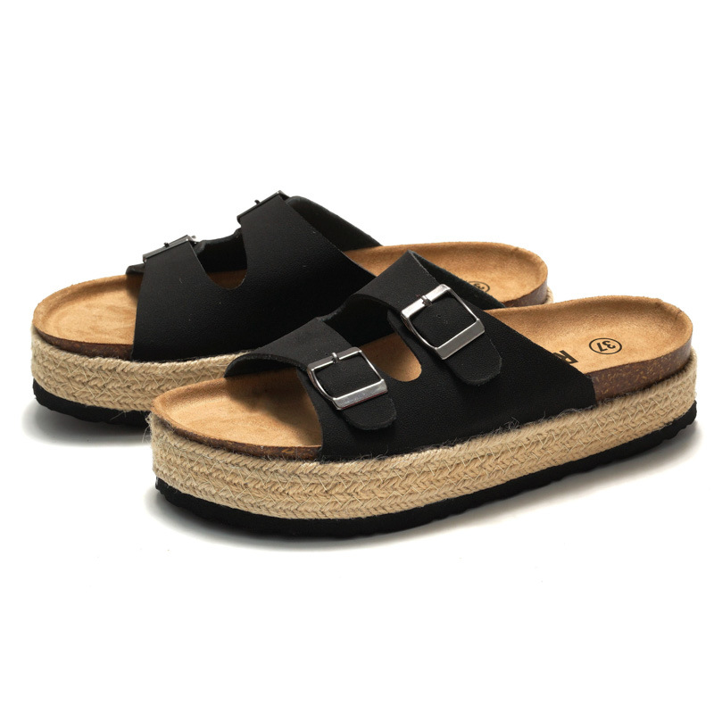 RUIZUSTOCK Sommer Neue Damen Kork Hausschuhe Dicke Sohle Damen Strand Sandalen Gewebtes Wildleder Doppelschnalle_voghion.com