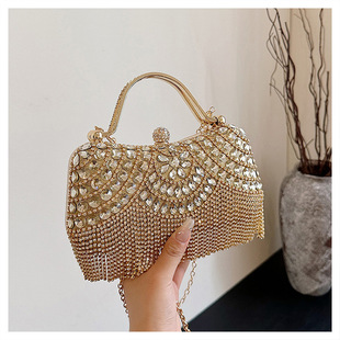 2024 Cross-Border New European and American Rhinestone Evening Bag Tassel Portable Banquet Bag Fashionable Celebrity Evening Wear Single Shoulder Diagonal