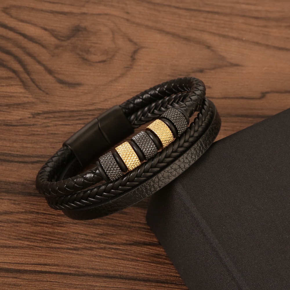 28g Weight 0.03µm Gold Plating Thickness PVD Coated Gold Plating Process 18K Real Gold Plated Plating Material 201 Stainless Steel Pendant Material Bangle Classification Ethnic Style Round Stainless Steel Pu Leather Polishing Braid 14K Gold Plated Water Plating Men'S Bangle Men Cord & Leather Bracelets