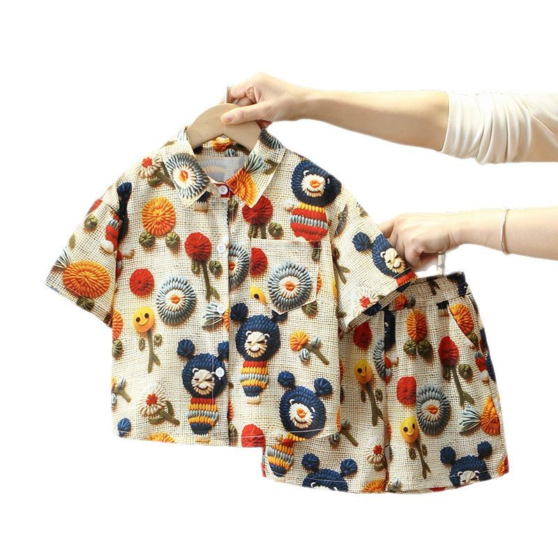 7875 traje de verano para niños 2025 nueva camisa de manga corta para niños de dos piezas ropa de moda de verano para bebés
