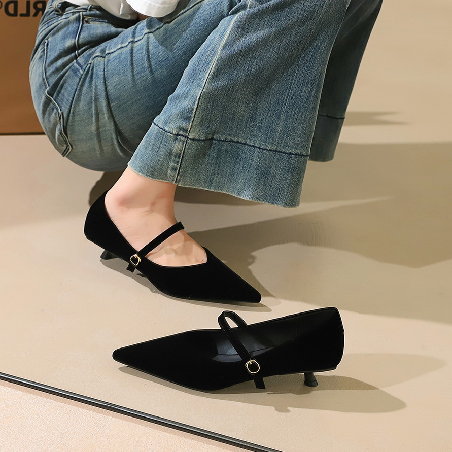 2388 Korean Style High-End Suede Elegant Pointed Toe Shallow Mouth One-Strap Low Heel Wo's Office Single Shoes For_vogvips.com
