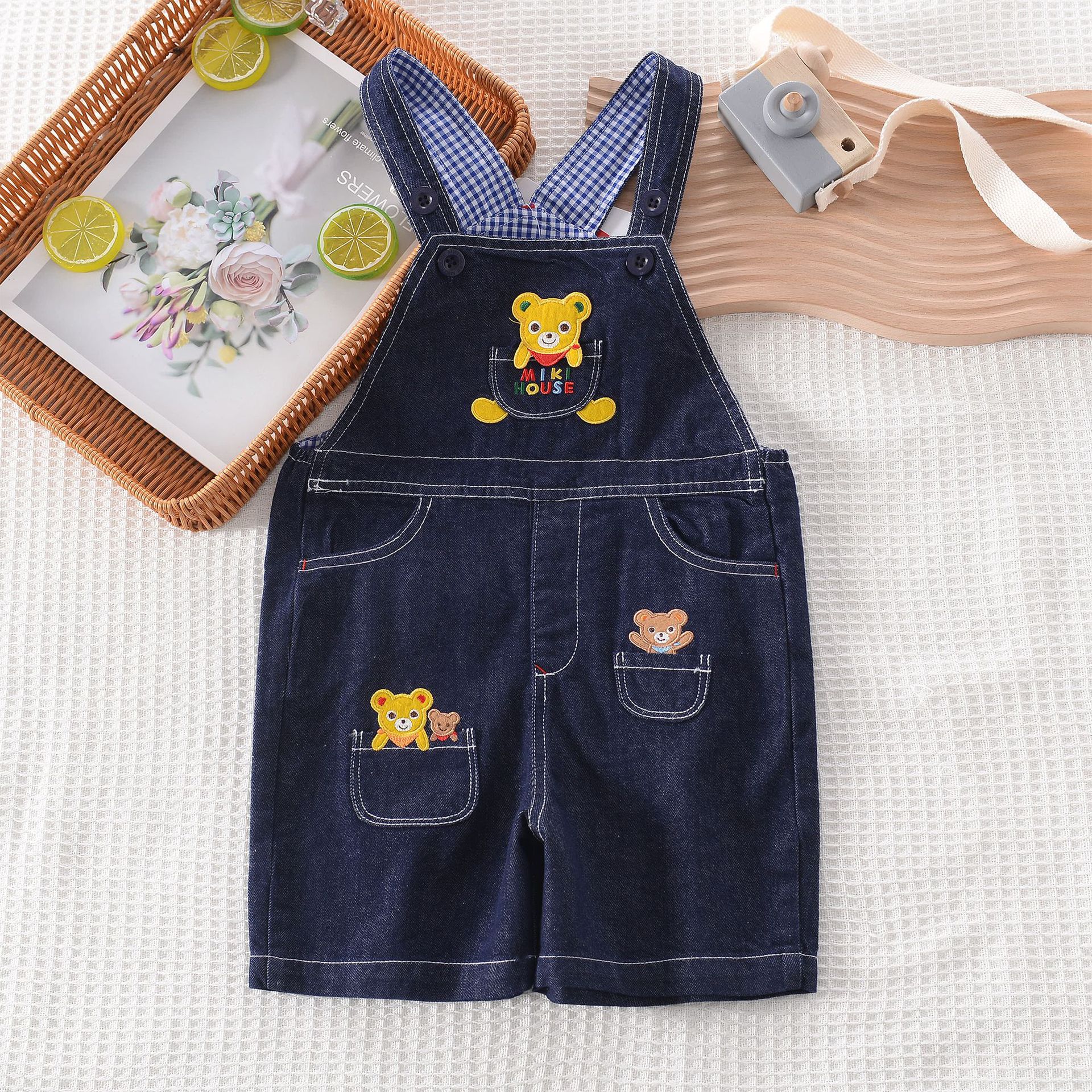 24 New Japanese Miki Children's Denim Strap Shorts Children's Bear Pocket Embroidered Casual Shorts