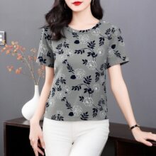 跨境休闲风短袖印花T恤女圆领妈妈装中老年夏季新款设计感上衣
