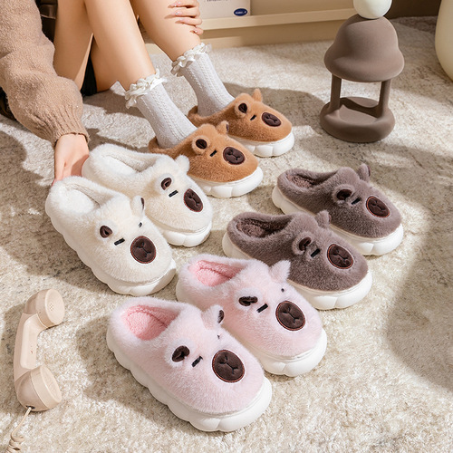 Men's Cartoon Bear Cotton Slippers for Autumn/Winter Indoor Home Thick Sole Fleece Warm Outer Wear Couple Postpartum Shoes for Women
