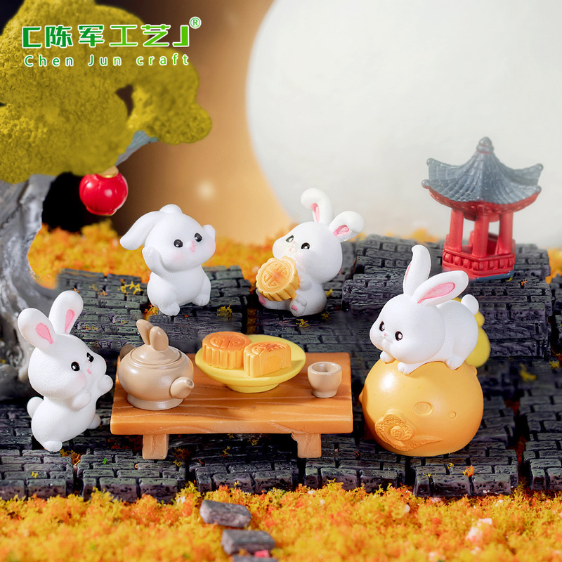 微景観中秋節玉兎月餅かわいい動物人形装飾品樹脂工芸品小物|undefined