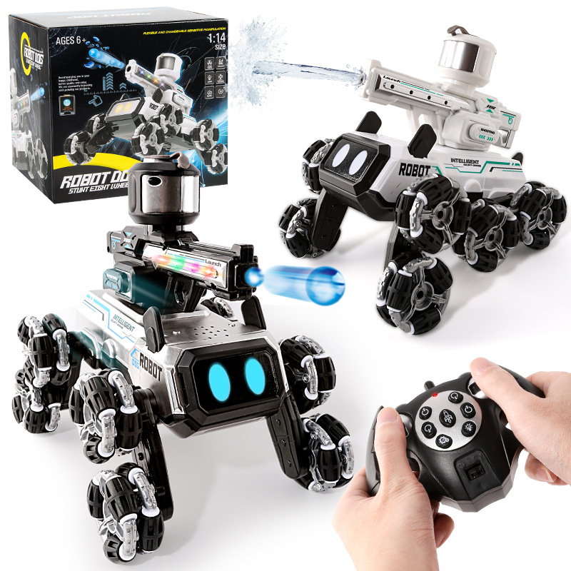 Vehículo de acrobacias de control remoto de cuatro vías eléctrico transfronterizo 2.4G control remoto de ocho ruedas perro robot bomba de agua coche de juguete acrobático 1:14