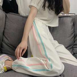 跨境2022早春九分休闲运动裤宽松束脚显瘦百搭直筒白色高腰阔腿裤