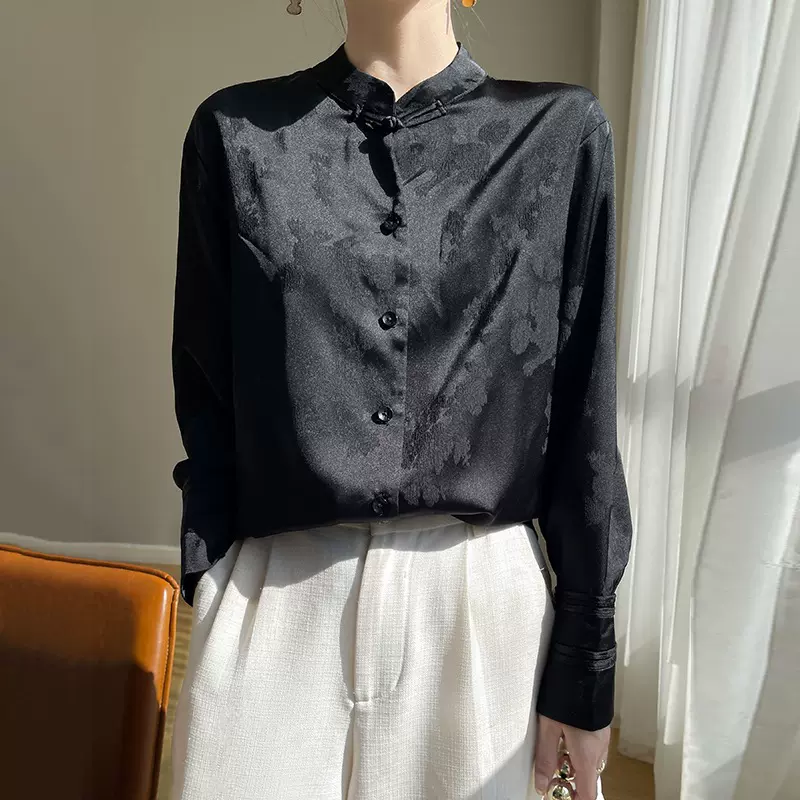 提花醋酸缎面新中式盘扣衬衫女春夏新款设计感小众时尚通勤上衣女