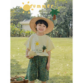 吾里卜一 男童玩偶水印圆领短袖T恤夏季儿童清凉绿意沙滩裤子套装