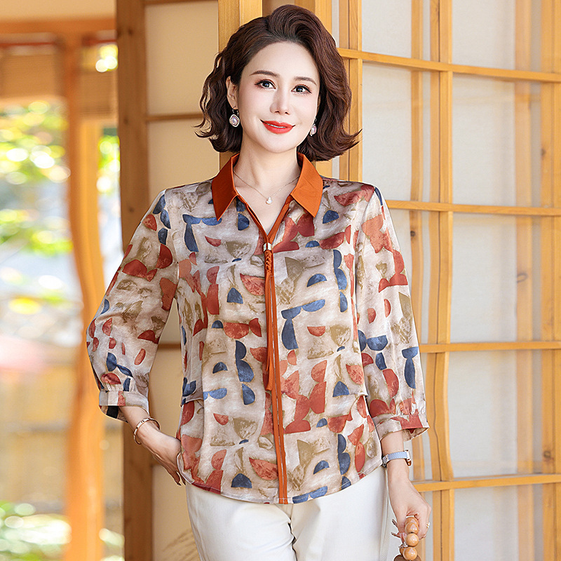 Mom's Spring Clothing 2024 New Style Shirt, Fashionable Three-Quarter Sleeve Top, Middle-Aged and Elderly Women's Summer Shirt