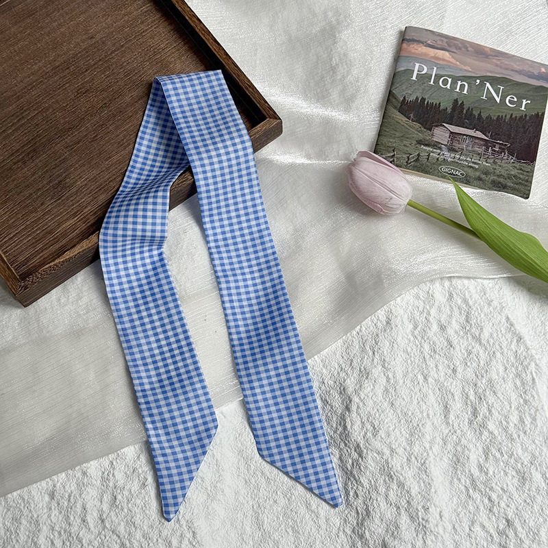 Pañuelo de seda largo, sensación de alta calidad, pañuelo de seda azul, pequeño y fresco, versión coreana del bolso de amarre de todo fósforo, bufanda de cuello pequeño con serpentina