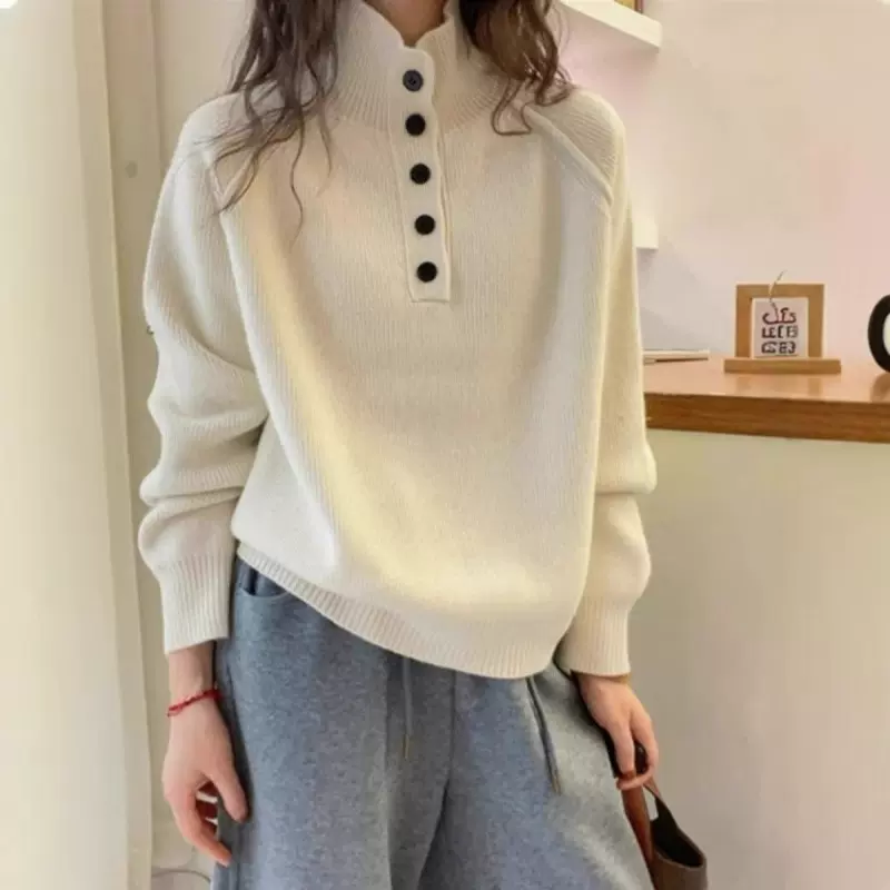 25气质半高领100纯羊毛针织衫女秋冬立领加厚羊绒打底衫宽松毛衣