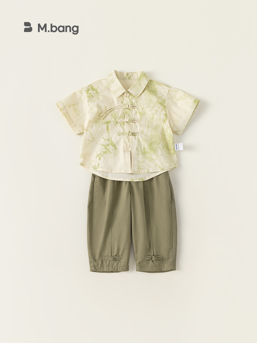 Ropa de verano para niños Youbao ropa de dos piezas para niños hebilla de estilo nacional impresión camisa pantalones chinos set