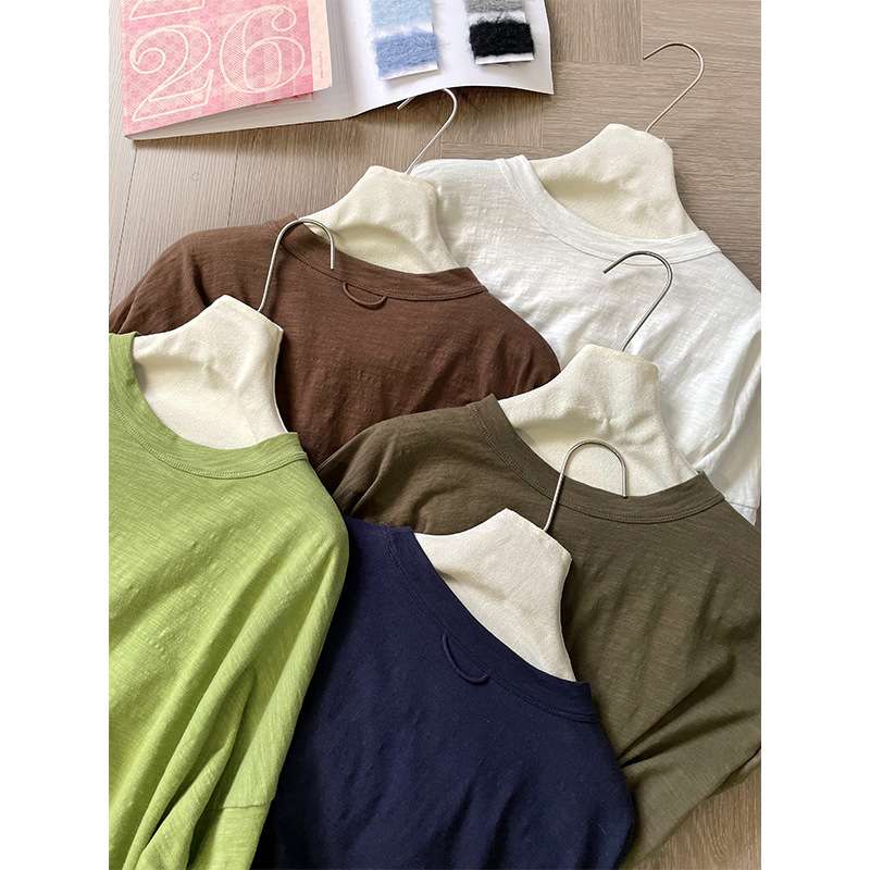 Embroidered R Pocket T-Shirt ~ Loose and Fashionable Round Neck Long-Sleeved Top ~ the Material Is Twice the Bamboo Cotton of a Regular T-Shirt