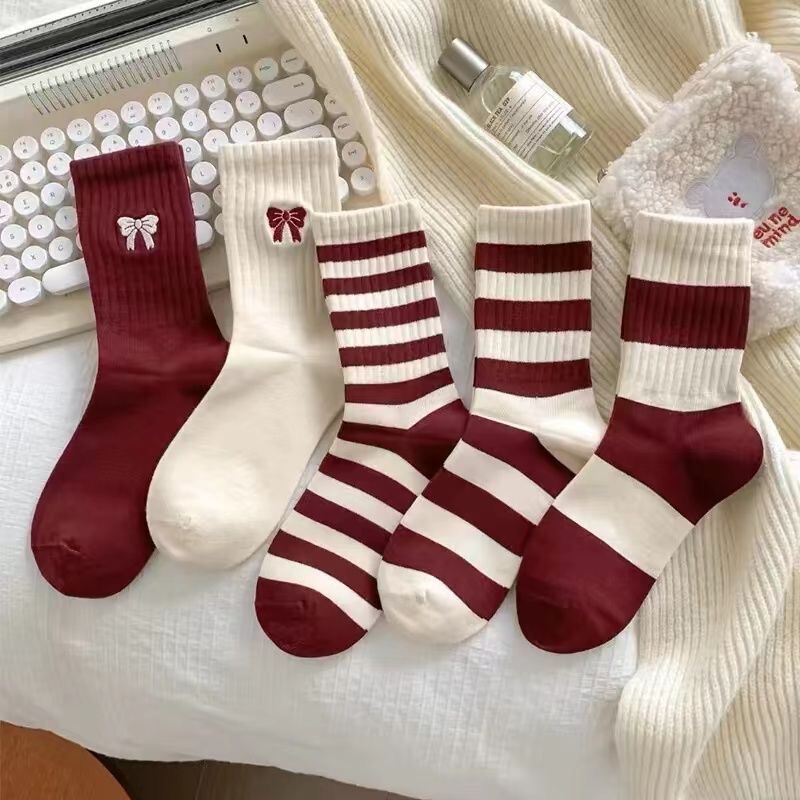 Autumn and Winter Ancora Red Stripe Socks Women's High Rubber Strand Korean Style All-match Bow Autumn and Winter College Style