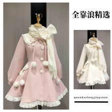 甜美秋冬蝴蝶结毛呢连衣裙围巾外套小个子少女可爱2025公主风套装