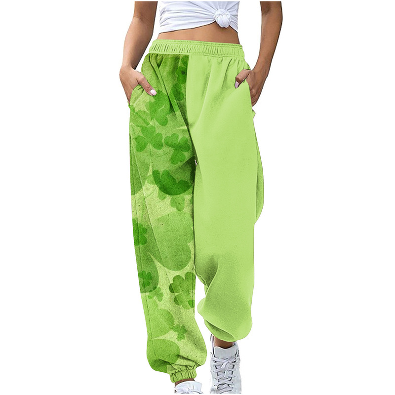 2024 new popular fashion trend hot sale Sports Leisure early spring green clover printed loose sports pants