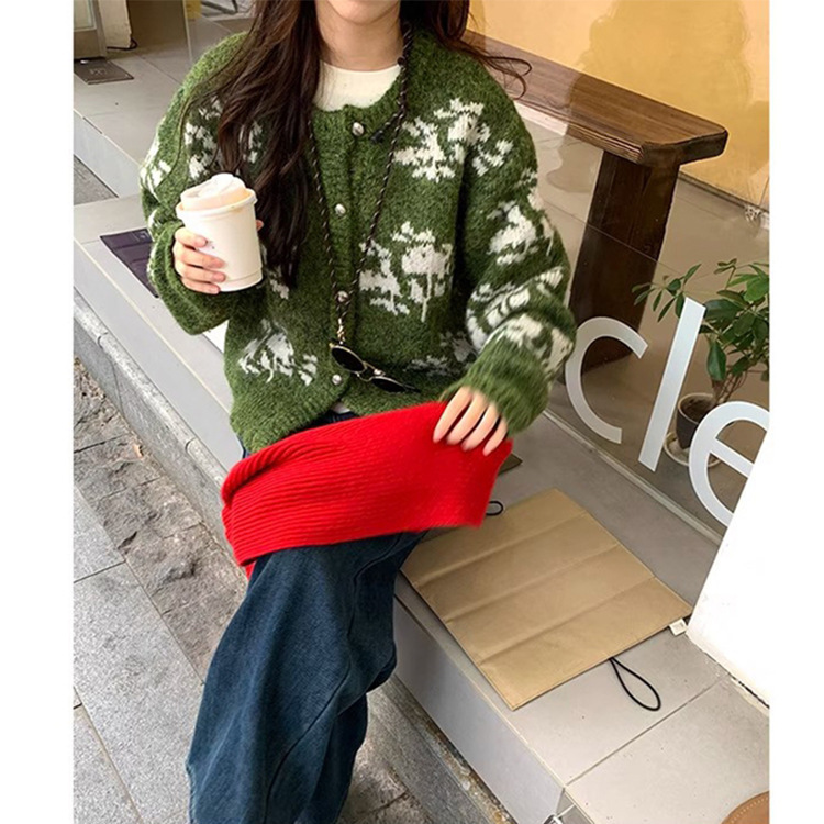 韩系复古费尔岛提花毛衣女秋冬新款慵懒风重工雪花短款开衫外套潮|undefined