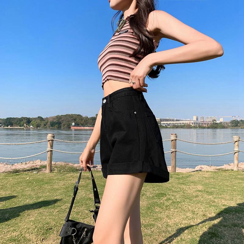 2025年春夏新作超ハイウエスト黒デニムショートパンツ女性春秋カーリングワイド脚a字外着ホットパンツ|undefined