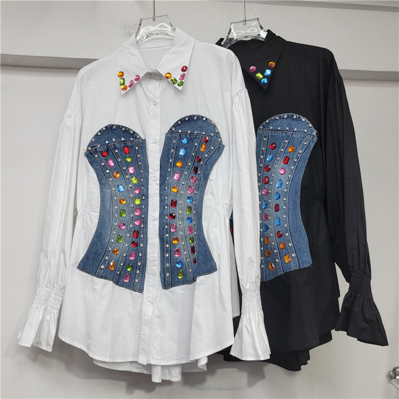 Diseño de manga larga empalmada camisa vaquero de cintura baja mujer 2026 nueva camisa delgada y de moda